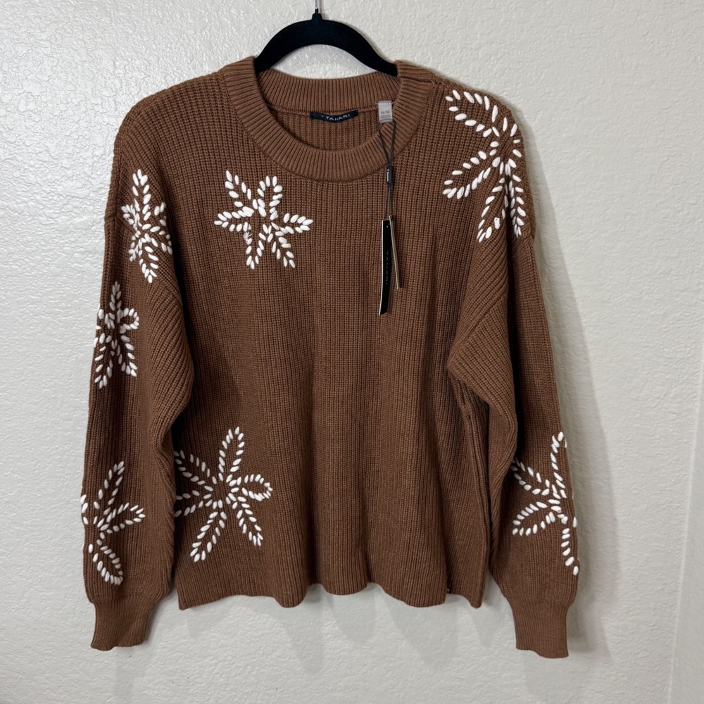 Tahari Sweater XL Brown Cream Floral Embroidered Ribbed Knit Boho Cottage Fall